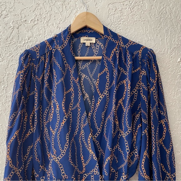 L'agence Cara Silk Wrap Top Blouse Blue Gold Chain Balloon Sleeve Lightweight XL - Picture 10 of 16